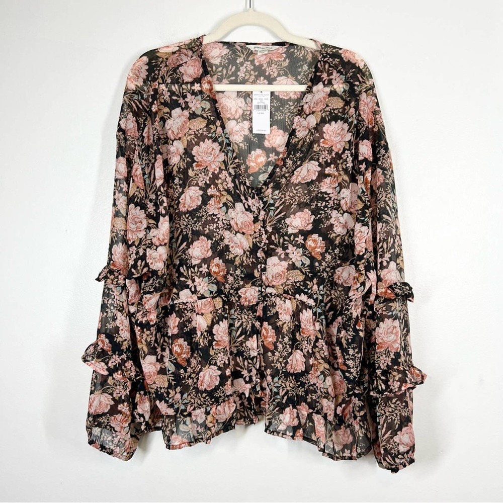 AMERICAN EAGLE NWT Tiered Ruffle Button Up Blouse Sheer Floral Micro V Neck XXL
